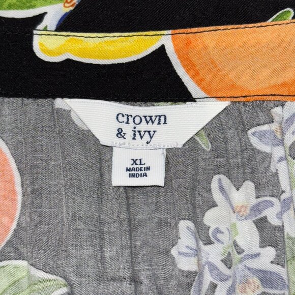 Crown‎ & Ivy XL Black Citrus Lemons Oranges Boho Dress Pom Trim Crochet Rayon - Picture 10 of 15